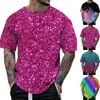 Camisetas masculinas Light para homens Stage Performance Camisa 3D Impresso Lantejoula Pulôver Manga Curta Casual Tee