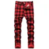 Mężczyźni Red Plaid Printed Pants Fashion Slim Elaste Dżinsy Trendy Plus Size Proste spodnie 231226