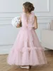 Robe à fleurs rose pour filles, col en v, sans manches, bouffante en Tulle, pour fête de mariage, anniversaire, soirée, bal, 2024