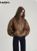 Lautaro Spring Autumn Cool Oversized Brown Black Faux Leather Bomber Jacket Women Zip Up Luxury Designer Unisex Clothes 231226