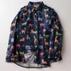 Women's Blouses Spring Autumn Women Cartoon Print Loose Long Sleeve Shirt Navy Blue Color Turn Down Collar Cotton Base Blouse Tops U409