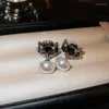 Stud Earrings Minar Sweet White Black Color Enamel CZ Zircon Flowers 14K Real Gold Silver Plated Copper Imitation Pearl Earring