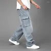 Jeans pour hommes hommes grande taille large jambe poches lâches salopette hip-hop pantalon en denim droit pour
