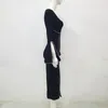 Abiti casual Donne nere Moda lunga Solid O Collo Vita alta Bianco Diamante Perline Manica Falre Celebrity Abito da sera fasciato Vestidos