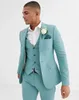 Pakken Mint Green Mens Suits 3 stuks Groomsmen Wedding Tuxedos 2021 Kostuum Homme Peaked Rapel Formal Prom Suit (jas+broek+vest)