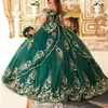 Robe de bal brillante vert émeraude robes de Quinceanera sur l'épaule train cathédrale appliques corset floral robes 15 de xv anos modernos