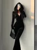 TVVOVVIN Mode Zwart Fluwelen Slanke Capuchon Rits Lange Mouw Flare Broek Jumpsuit Rompertjes Koreaanse Sexy Tops 9P64 231227