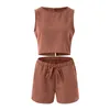 Women's Tracksuits Summer 2 Piece Sets Women Outfit Shorts Set Sleeveless Halter Top Tank Bodysuit With Pocket Cotton Linen Suit