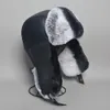 Unisexe Real REX Rabbit Fur Bomber Hat Ushanka Cap Trapper Russe Men de ski Chapeaux Ski Caps Real SheepSkin Leather Hiver chaud 231227