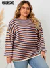 Chandails pour femmes Gibsie Plus Taille Drop Épaule O-Cou Pull tricoté Femmes 2023 Automne Hiver Rayé Casual Manches Longues Lâche Pull Tops J231227