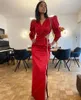 Party Dresses Formal Red V Neck Long Puff Sleeves High Side Slit Floor Length Expose Waist Tassel Pleated Prom Evening Gowns