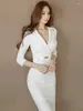 Abiti casual Moda Elegante Abito bianco da donna Professionale Scollo a V Aderente Split Midi Robe Festa femminile Abiti da lavoro formali