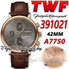 TWF 42mm Herrens Watch TW391021 Cal 79320 A7750 Kronograf Automatisk grå Dial Stick Markers 18K Rose Gold Case Läderband Super 242U