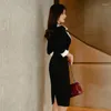 Sukienki swobodne 2023 Kobiety nacięte szyi czarna osłona ołówek sukienka moda szczupła seksowna ol work bodycon biuro biurowe vestidos