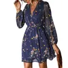Casual Dresses Chiffon V-neck Long Sleeve Mini Dress Woman Floral Holiday Beach Tunic Short Cover Up 2023 Summer Beachwear