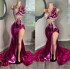 Sjöjungfru formell fuchsia prom klänning för afrikanska kvinnor 2024 glittrande kristallpärlad sexig slits vestidos de festa aftonklänning svart flicka