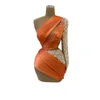 Robes de soirée KSDN Sexy Orange Robe de bal pour les femmes une épaule à manches longues au-dessus du genou Mini jupe paillettes perles pli occasion spéciale