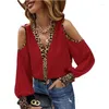 Frauenblusen Herbst Off Schulter V-Ausschnitt Lose Fit Hemd Frauen Mode Leopard Patchwork Büro Lady Casual Long Sleeve Work Tops