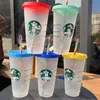 DrinkwareStarbucks Tasses 475 ml / 710 ml Gobelet en plastique Tasse à changement de couleur réutilisable Potable à fond plat en forme de pilier Couvercle Tasses en paille tasse d'eau décoloréeLT733