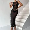 Kvinnors badkläder 2023 Fashion Solid Color Gaze Perspective Cover Ups Three-Piece Beach Suit Cross Strap Cut-Out Sexig klänning