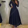 Sondr Navy Blue Sleeves Full Sleeves Prom With Plats A-LINE LEND LEND ROBE DE SOIEREE Party Dresses for Women 231227