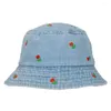 Wide Brim Hats Women Fisherman Hat Tulip Embroidery Flat Top Vintage Basin Cap Foldable Decorative Sunshade Windproof Lady