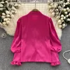 Women's Blouses Korean Women Casual Long Sleeve Ruffles Shirts Female Sweet Loose Pink Shiny Bottons Patchwork Fairy Tops Mujer Spring