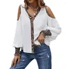 Frauenblusen Herbst Off Schulter V-Ausschnitt Lose Fit Hemd Frauen Mode Leopard Patchwork Büro Lady Casual Long Sleeve Work Tops