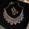 Necklace Earrings Set Minar Exaggerated Purple Color Full Rhinestones Geometric Tassel Strand Chokers Necklaces Drop For Women