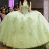 Sage Green Shiny V-Ausschnitt Ballkleid Quinceanera Kleider 2024 3D-Blumen-Applikation Sweet 16 Kleid Schnürkorsett Vestidos De 15 Jahre