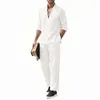 Men's Tracksuits Pieces Long Sleeve 2 Set Linen Summer Cotton Casual Pants Henley-Shirt Beach Yoga Outfits Pockets Suit With Male Clothes