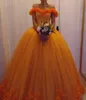 Quinceanera klänningar orange party prom boll klänning tyll anpassad blixtlås spets plus storlek ny 3d blommor applikationer applikation off-shoulder