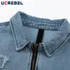 Streetwear Raw Edge Denim Jacket Mens Autumn Loose Washed Blue Casual Long Sleeve Lapel Outerwear Men 231227