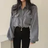 Women's Vintage Singlebreasted Short Corduroy Shirt Korean Casual Long Sleeve Jacket 2023 Autumn Outwear Fashion Women Clothes 231227