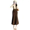 Юбки 2023, осень/зима, корейский стиль, вельветовая юбка средней длины с разрезом «рыбий хвост», кофейного цвета, средней длины