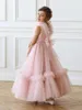 Robe à fleurs rose pour filles, col en v, sans manches, bouffante en Tulle, pour fête de mariage, anniversaire, soirée, bal, 2024