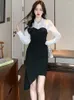 Casual Dresses 2023 Formal Dress for Wedding Woman Black Patchwork Long Sleeve Polo Collar Spring Autumn Luxury Elegant Party