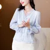 Blusas femininas branco preto azul damasco com decote em v camisa outono de manga comprida 2023 elegante high-end bolha chiffon topo moda blusa