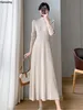 Feminino elegante inverno tricô midi vestidos manga longa magro a linha com nervuras jumper outono casual roupas de festa 231226