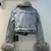 Kvinnors imitation päls krage skarvad denimrock förtjockad plysch inner jeans jacka kort avsving cardigan bälte topps 231227