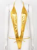 Donna Donna Abbigliamento esotico lucido Body Catsuit Body in pelle metallizzata Lingerie con lacci Micro bikini Wetlook Clubwear 231226