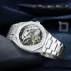 Forsining Silber Automatikuhr Herren 3D Diamant Zifferblatt Unregelmäßige Skelett Mechanische Armbanduhren Leuchtzeiger Uhr 231226