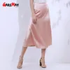 Skirts Women's Pink Green Silk Satin Skirt 2019 Vintage Korean Style Long High Waist Midi Skirt For Women ALine Elegant Skirts Summer