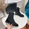 Luxury Designer Women Leather Ankle Boots Laceup Zipper Flat Low Heel Boot Flock Corduroy Fashion Comfortable Top quality Size