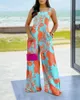 Nieuwe trend damesmode jumpsuit met print zomer mouwloze zak splitsen geïntegreerde broek met wijde pijpen en enkele schouderband mouwloze jumpsuit 231227