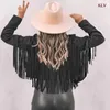 Kvinnor Punk Stylish Tassel Fringe Cropped Jacket Notched Collar Open Front Moto Faux Suede Leather Biker Streetwear Coat 231226