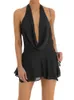 Chronstyle Femmes sexy slim fit basse mini-robe Y2K Backless Halter Deep V cou Mesh court