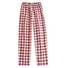 Kvinnors sömnkläder Plaid Kvinnor Elastisk pyjama Bomull Casual Wear Autumn Trousers Lose Straight Pants Sleep Bottoms Midja Lounge Simple