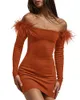 Casual Dresses Gotoola Off-Shoulder Tight Long Sleeve Sexy Fur Backless High Waist Figure Flattering Sheath Pure Color Mini Short Dress