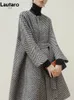 Lautaro Autumn Winter Black and White Zigzag Woolen Coat Women Sashes A Line Loose Elegant Stylish Runway Korean Fashion 231226